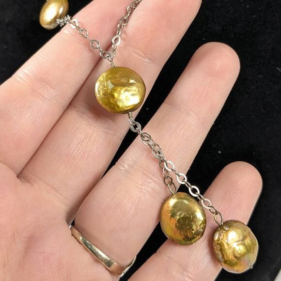 Sterling Silver 925 Y-Drop Real Freshwater Coin Pearl Golden Yellow Necklace - Picture 3 of 6